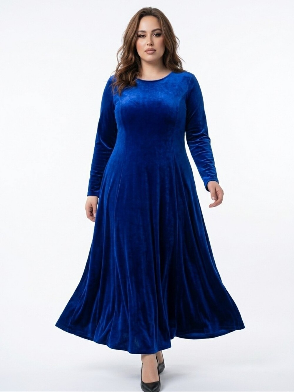 Coldwater Creek Royal Blue Velour Maxi Fit & Flare Pleated Dress Long Sleeve